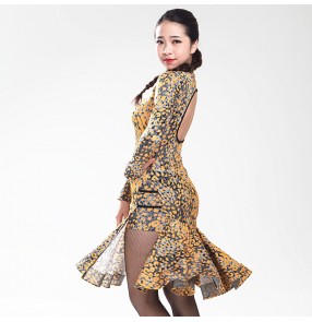 Women's ladies fuchsia yellow leopard printed side split sexy professional cheongsame long sleeves latin dance dresses samba rumba jive rumba salsa cha cha dance dresses