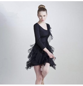 Women's ladies girls black long sleeves latin dance dresses samba dress rumba dance dress