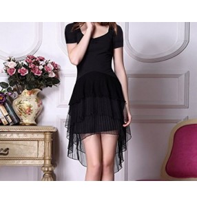 Women's ladies girls black short sleeves irregular chiffon layers skirt hem latin samba salsa cha cha dance dresses