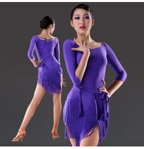 Women's ladies girls competition high quality violet fringe round neck middle long length sleeves latin samba salsa cha cha dance dresses sets tops and dance skirts