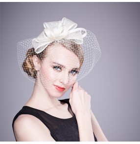 Women's ladies girls female ivory sinamay veil formal  pill box hat bridal wedding party fascinators evening party headdress hats