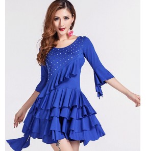 Women's ladies girls female royal blue red black rhinestones round neck middle long sleeves exercises practice samba salsa cha cha latin dance dresses