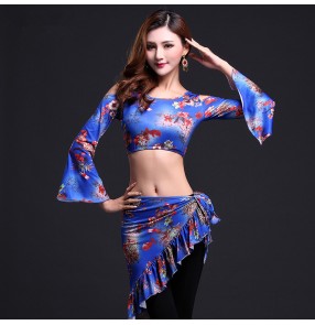 Women's ladies girls green floral blue floral flower indian belly dance costumes sets clothes dresses sets top and hip scarf 