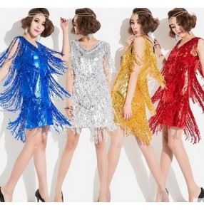 Women's ladies girls paillette fringe sequined sleeveless gold red silver royal blue v neck pu leather stage performance latin dance dresses dance wear salsa cha cha dance dresses 