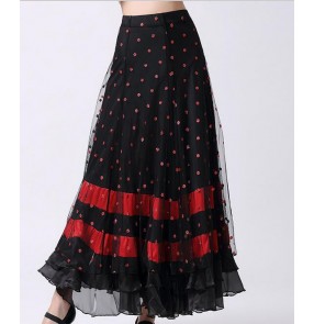 Women's ladies girls polka dot striped red fuchsia green black patchwork long length standard full skirted ballroom dance skirts flamenco waltz tango bottom skirts