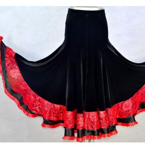 Women's ladies girls velvet black with fuchsia lace striped  with red lace striped ruffles long length competition high quality ballroom dance skirt tango waltz dance skirts