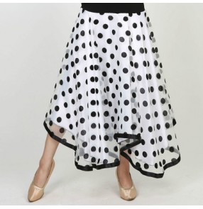 Women's ladies girls white and black flocking polka dot chiffon long length standard full skirted ballroom waltz tango dance skirts( only skirt) 