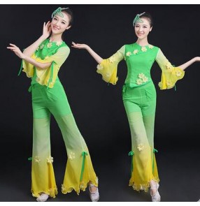 Women's ladies gradient green color flower half sleeves chinese folk dance costumes modern dance stage performance wear tops and pants
