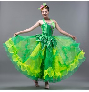 Women's ladies green folk dance costumes Spanish folk  bull dance dresses square dance stage performance chorus dresses