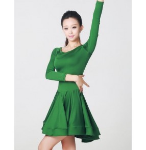 Women's ladies green leopard long sleeves dew shoulder latin dance dresses samba rumba dresses 