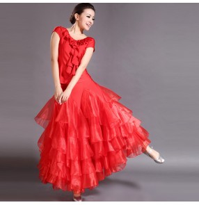 Women's ladies high quality professional competition ballroom dance dress sets diamond top and  full ruffles skirts M-XL