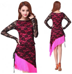 Women's ladies lace fuchsia green black royal blue patchwork tassels long sleeves latin dance dresses rumba samba dresses tops and skirts 