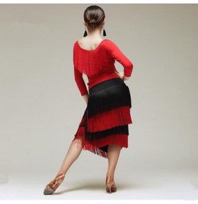Women's ladies long sleeves long tassels violet red black latin dance dresses samba dresses tops and skirts S-XXL