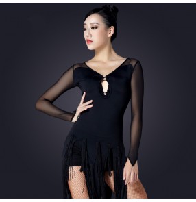 Women's ladies mesh  transparent fabric black sexy tassels long sleeves latin dance dresses samba salsa dresse S-XXL