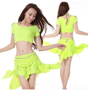 Women's ladies mint violet neon green fuchsia sexy competition belly dance costumes set exposure top short sleeves and skirt with diamond sashes