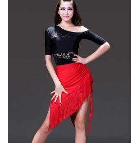 Women's ladies patchwork black and red , black and leopard triangle tassel skirt and top latin dance dresses sets  samba dress