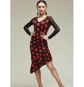 Women's ladies polka dot red black long sleeves backless round neck latin dance dresses samba dresses