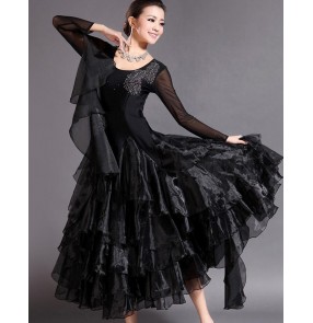 Women's ladies professional diamond black luxury competition big skirt ballroom dance dress waltz tango dance dress
