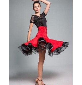 Women's ladies red and black patchwork waltz tango ballroom  dance dresses sets top and full skirts 