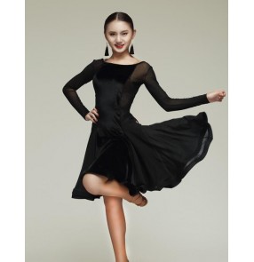 Women's ladies red black leopard sexy long sleeves velvet round neck backless latin dance dresses