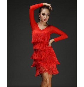 Women's ladies red black leopard zebra competition exercise tassels long sleeves Latin salsa samba dance dresses 