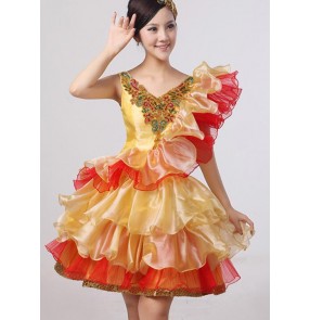 Women's ladies sexy colorful v neck diamond sequined modern dance folk dance dresses performance dance wear