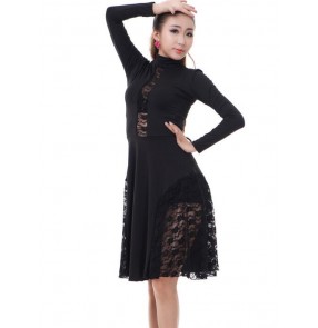 Women's ladies sexy lace patchwork see through turtle neck latin dance dresses samba dresses chacha rumba dreses