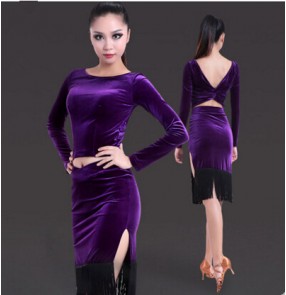 Women's ladies violet black latin dance dresses salsa dress samba dress set top and skirt 