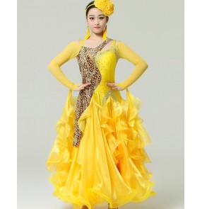 Women's ladies yellow green Leopard diamond luxury high quality professional competition exercise ballroom dance dresses waltz dance dresses tango dance dresses S-XXL