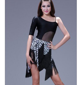 Women's ladies zebra black and red patchwork tassel skirt latin dance dress salsa dress samba dress sets  top and skirt 