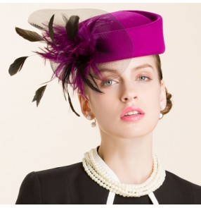 Women's lady 100% wool handmade fedoras purple black pillbox wedding hat socialite party top hat
