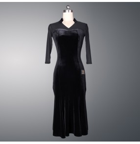 Women's lady black velvet v neck see through patchwork middle long sleeves long length side split sexy latin dance dress samba salsa chacha dresses