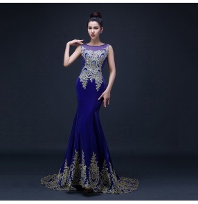 Women's lady  diamond embroidery appliques royal blue mermaid evening dress wedding party bridal dress