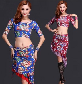 Women's lady floral printed sexy belly dance costumes dresses set top and skirt 