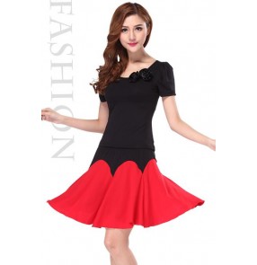 Women's lady girls red and black  royal blue and white patchwork latin dance dresses sets top and skirt short sleeves