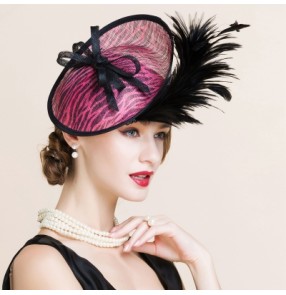 Women's lady high quality fashionable fuchsia leopard handmade fascinators sinamay pillbox hats 