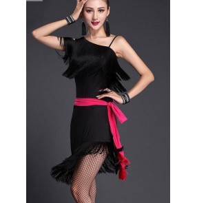 Women's lady one shoulder fringe with sashes fuchsia royal blue black latin dance dresses samba salsa chacha dance dress