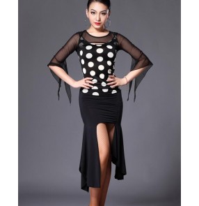 Women's lady polka dot leopard zebra printed transparent sleeves latin dance dress set top and skirt 