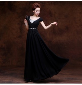 Women's lady royal blue red black diamond boat neck short sleeves A-line chiffon long length Evening dress Wedding party bridal dresses