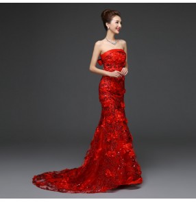 Women's lady's red embroidery appliques rose flower off shoulder with trail mermaid long evening dress bridal wedding party dress