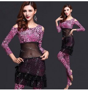 Women's leopard fuchsia transparent mesh waist belly dance costumes dresses sets