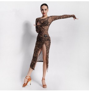 Women's leopard long sleeves professional competition latin dance dresses with sashes