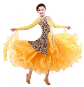 Women's leopard printed patchwork diamond full skirt ballroom dancing dress