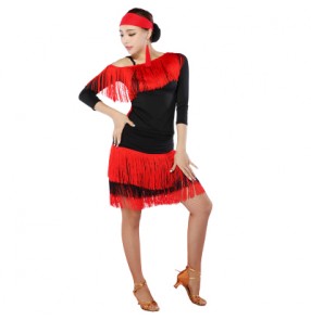 Women's leopard printed tassel latin dance dress set top and skirt 