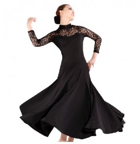 Women's long lace sleeves ballroom dance dress royal blue black