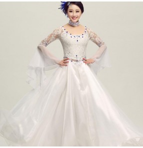 Women's long length lace sleeves long length waltz dance dress ballroom dance white