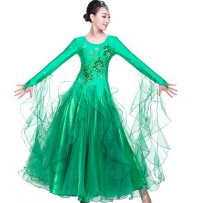 Women's long length round neck with rhinestone ballroom dance dress waltz yellow fuchsia