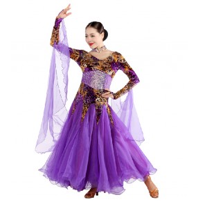 Women's long leopard printed diamond modern ballroom dance dress violet 