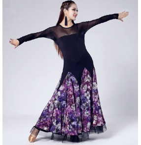Women's long sleeves printed floral patchwork professional ballroom dancing dress