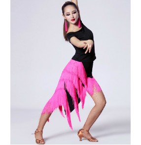 Women's long  tassel latin dance set dance top dance skirt fuchsia black red